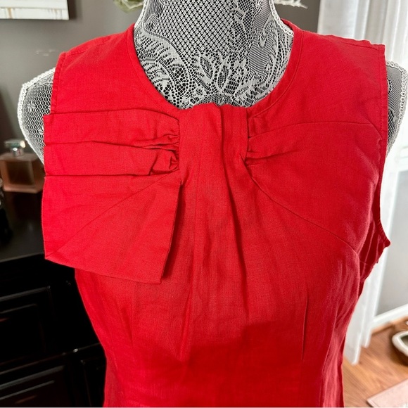 Adrienne Vittadini Red Linen Sheath Dress w/ Statement Bow Detail Size 6 (EUC) - Picture 3 of 16